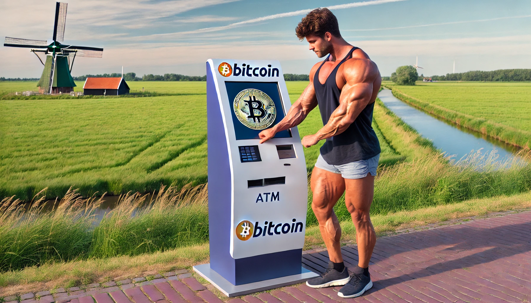 bodybuilder in Dutch polder using a bitcoin ATM to buy steroids